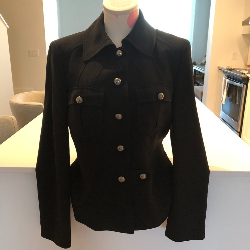 Planet 6 Button Collared Lined Blazer Jacket w Padded Shoulders Navy Blue Sz 8